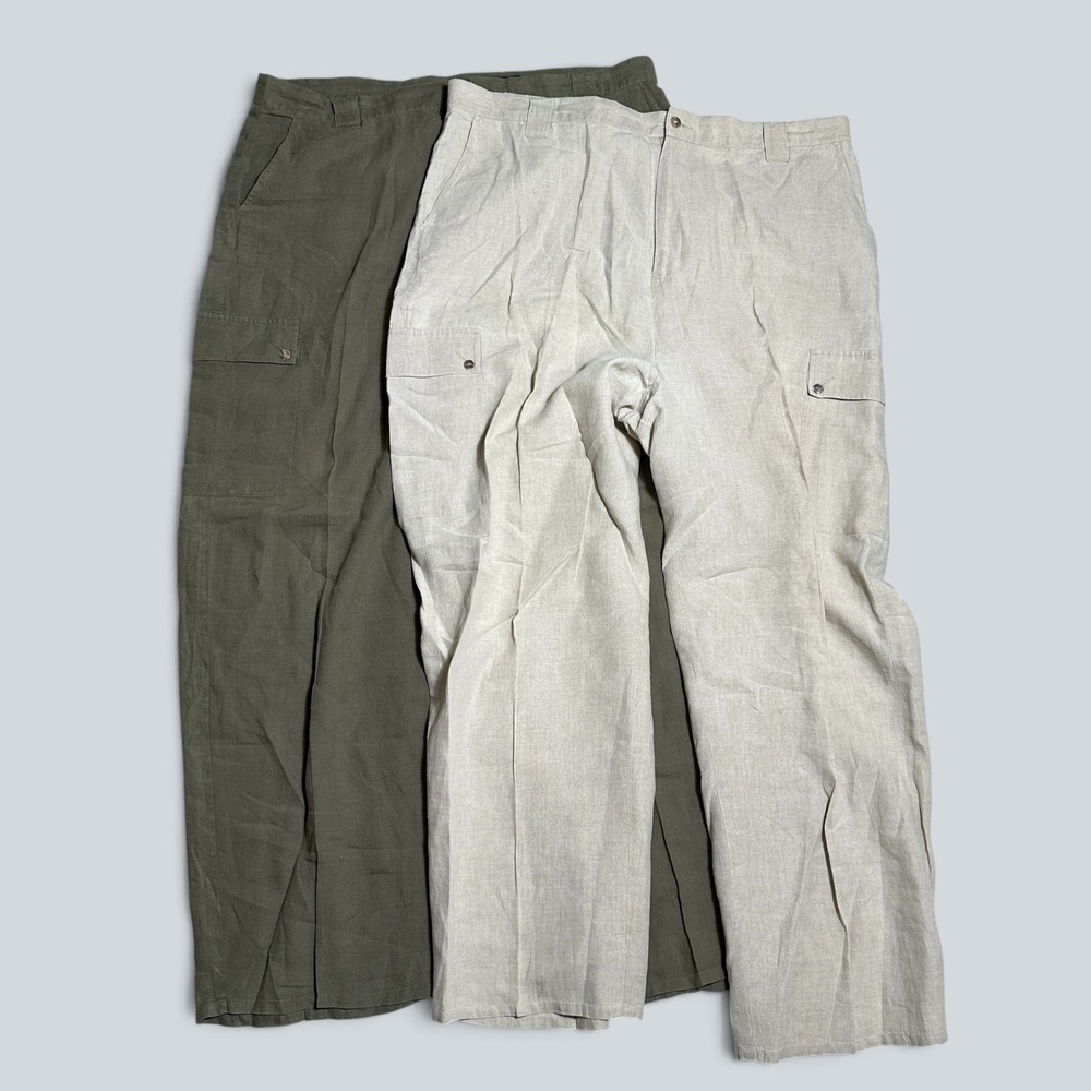 Biton Mens 100% Linen Cargo Pants Lot of 2 Olive Beige Size 42 Straight Leg